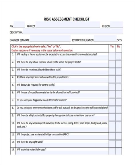 Risk Assessment Checklist Example