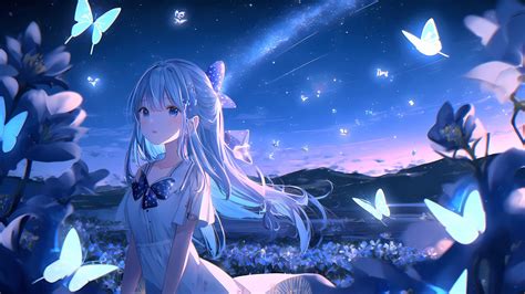 Anime girl Wallpaper 4K, Dream, Lonely, Butterflies