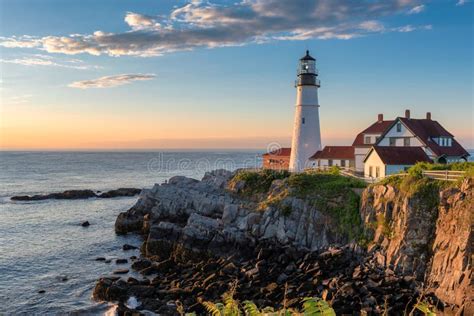 Panorama of Portland Head Light at Sunset in Cape Elizabeth, Maine, USA ...