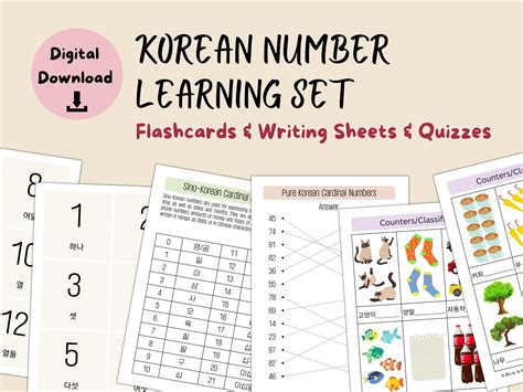 Korean Number Learning Set, Korean Worksheets, Hangul Workbook, Korean Flashcards, Korean Study ...