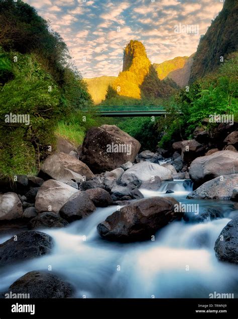 Iao Needle and stream at sunrise. Iao Valley State Park, Maui, Hawaii Stock Photo - Alamy