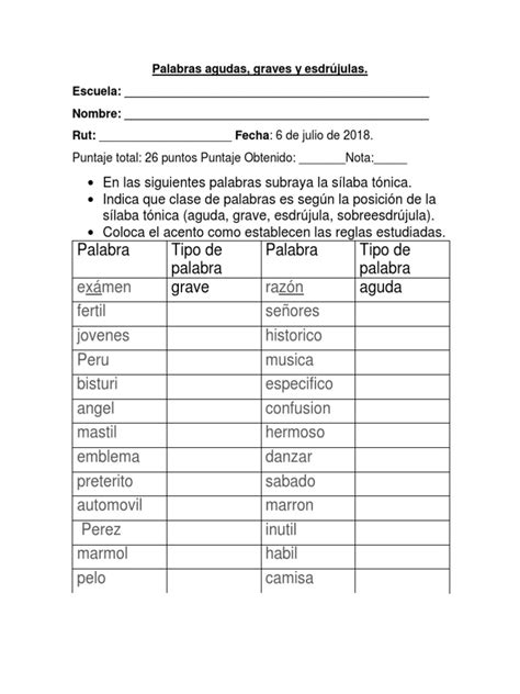 Ejercicio de Palabras Agudas Graves y Esdrujulas | Descargar gratis PDF ...