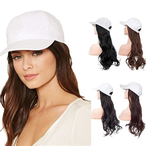 Qlenkay Baseball Cap With Hair Attached 24 26 inch Long Curly Wavy ...