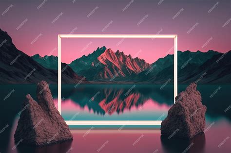 Premium AI Image | A pink frame with a mountain and a lake in the ...