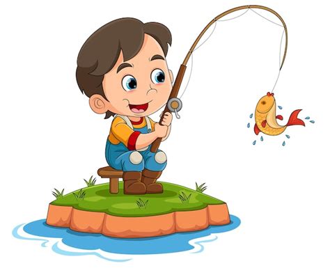 Premium Vector | The little boy is fishing in the river and succeed to ...