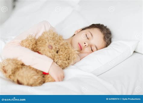 Girl Sleeping with Teddy Bear Toy in Bed at Home Stock Photo - Image of ...