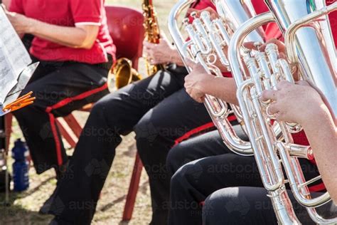 Image of Euphonium players of a band performing outside - Austockphoto