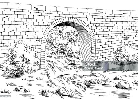 Jembatan Sungai Grafis Hitam Lanskap Putih Sketsa Ilustrasi Vektor ...