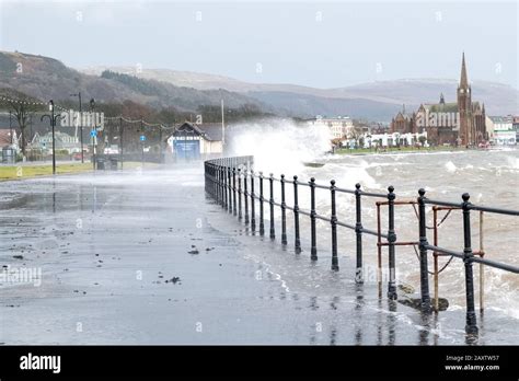 Largs, Scotland, UK - February 10, 2020: Largs promenade at high tide just after storm Ciara and ...