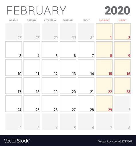 Calendar planner for february 2020 week starts on Vector Image