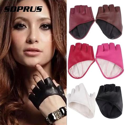 1 Pair Fashion PU Leather Fingerless Gloves Solid Female Half Finger ...