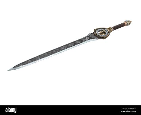 Fantasy long sword with patterns and leather on the handle on an ...