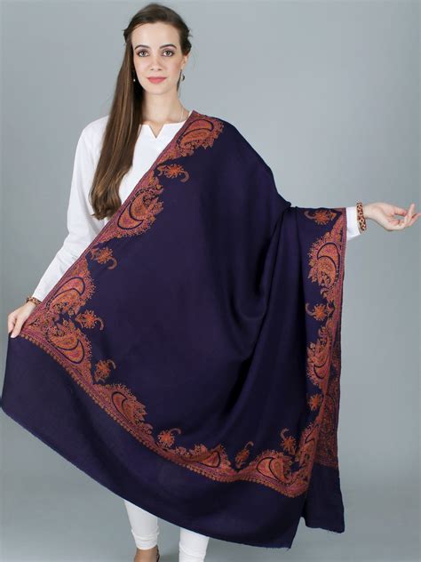 Mulberry-Purple Kashmiri Shawl With Fine Rich Sozni Embroidery on Border By Hand | Exotic India Art