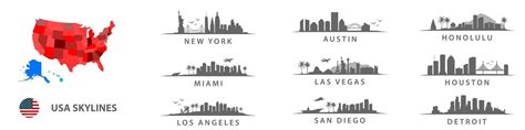 Collection of american skylines, big cities in USA, New York, Los ...