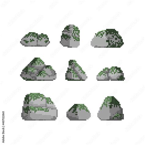 Pixel art set of stone with moss illustration Stock Vector | Adobe Stock