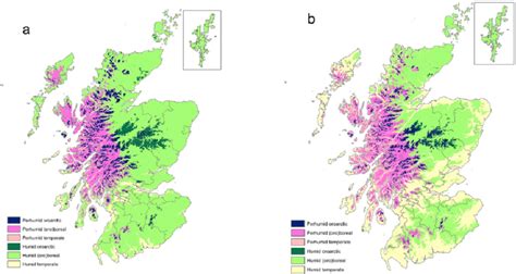 Primary bioclimate zonation for Scotland: (a) 1961-1980; (b) 1991-2010. | Download Scientific ...