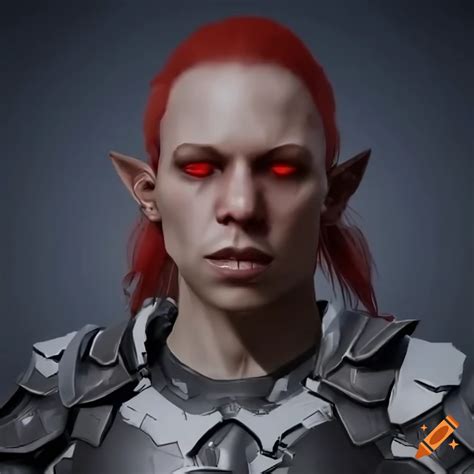 Sci-fi elf cyborg man with red hair and war axe on snowy mountains