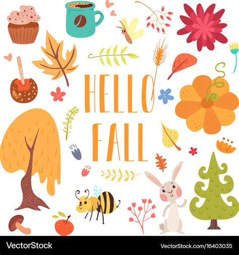 Hello fall cute cartoon autumn set Royalty Free Vector Image