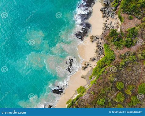 Aerial View of Tropical Sand Beach with Rocks and Green Cliff Stock ...