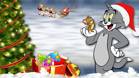 a cartoon cat standing in front of a christmas tree