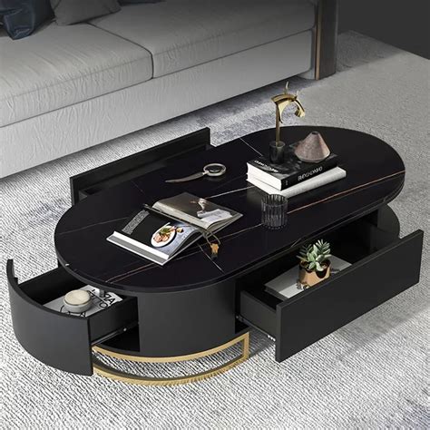 Black Oval Storage Coffee Table with Drawers Stone Gold Base | Coffee ...