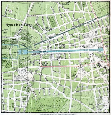 Old map of Nymphenburg in München in 1912. Buy vintage map replica poster print or download picture