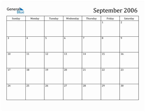 September 2006 Monthly Calendar (PDF, Word, Excel)