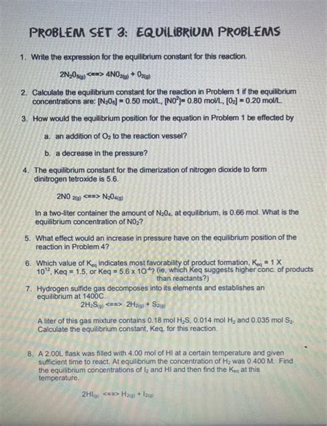 Solved PROBLEM SET 3: EQUILIBRIUM PROBLEMS 1. Write the | Chegg.com