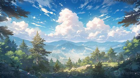 anime scenery of a mountain valley with a forest and a sky. generative ...