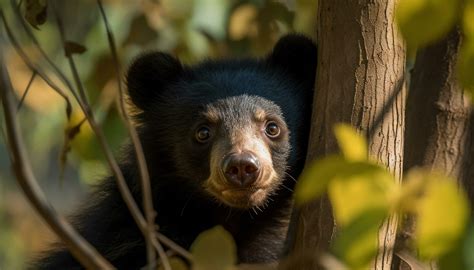 Cute panda sitting on branch, looking at camera in forest generated by ...