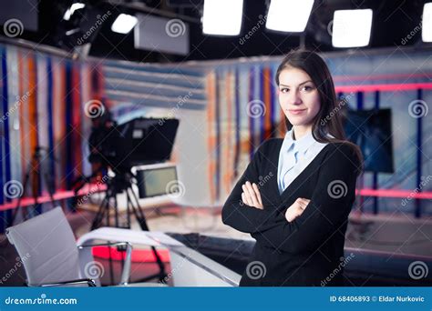 Television Presenter Recording in News Studio.Female Journalist Anchor Presenting Business ...