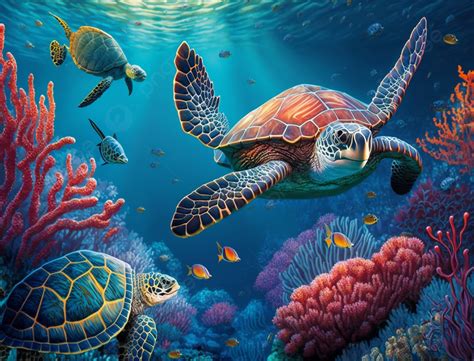 Coral Reef Sea Turtle Beautiful Ocean Background, Ocean, Sea Turtle ...