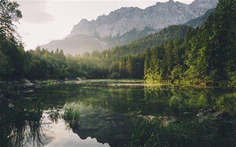 Download wallpapers mountain lake, forest, mountains, green trees ...