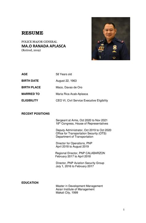 MRA Resume 2022 - crim - RESUME POLICE MAJOR GENERAL MA RANADA APLASCA (Retired, 2019) AGE 58 ...