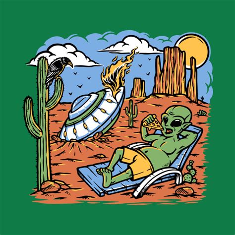 Funny Stranded Alien Eating Pizza // UFO Flying Saucer Crash - Funny Alien Ufo - T-Shirt | TeePublic
