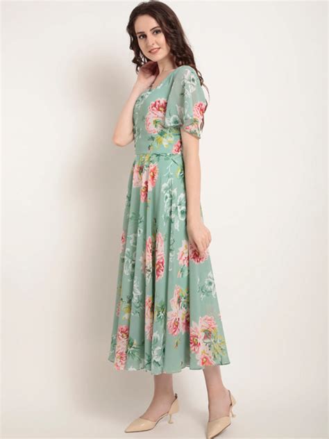 Green Floral Printed Fit and Flare Dress