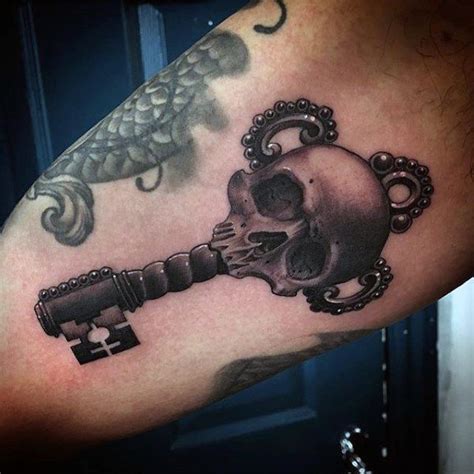 Black Ink Skull Key Tattoo Design For Half Sleeve