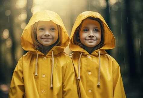 Premium AI Image | Funny twin sister in yellow raincoats Happy girls outdoor nature walking ...