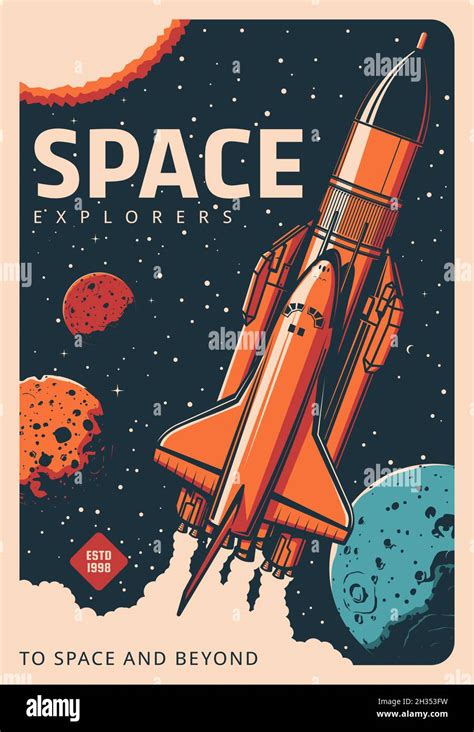 Spaceship in galaxy retro poster. Space exploration and research, solar system planets ...