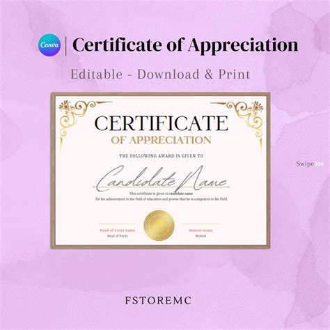 Certificate of Appreciation: Editable on Canva, Printable Certificate ...