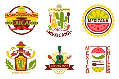 Free Vector | Mexican food logo, labels, emblems and badges set. sombrero and tequila bottle ...