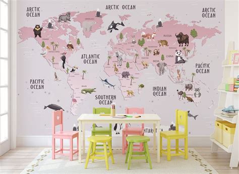 Pink Kids Map Peel and Stick Wallpaper ,world Map Wallpaper Map of the World Wallpaper Mural ...