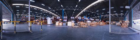 Panorama view of Warehouse factory interior with Rows of shelves and ...