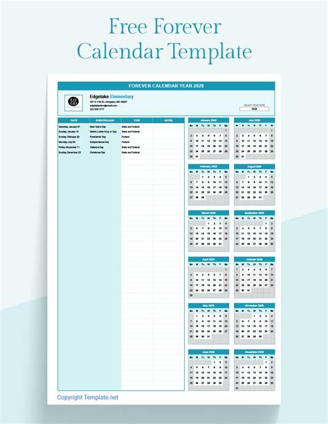 Free Forever Calendar Template - Google Sheets, Excel | Template.net