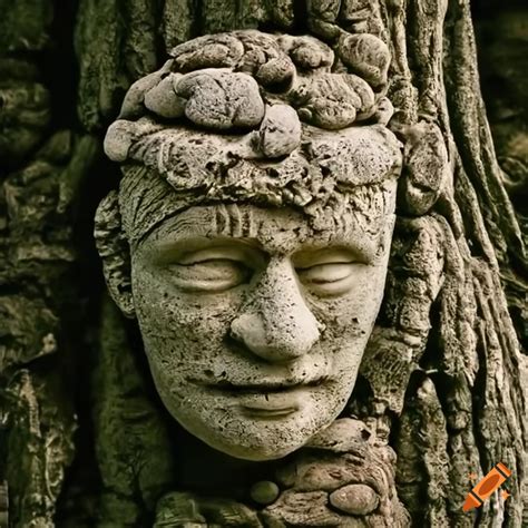 Intricate clay faces on a stone tree sculpture