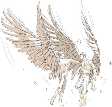 a drawing of two people with large wings