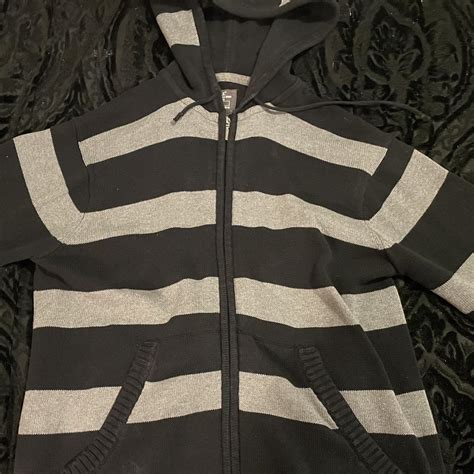 Emo Grunge black and grey striped zip up hoodie... - Depop