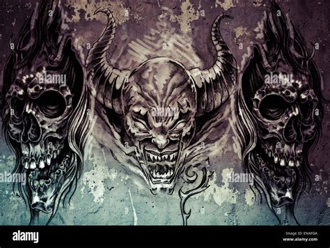 Tattoo art, 3 demons over grey background, Sketch Stock Photo - Alamy