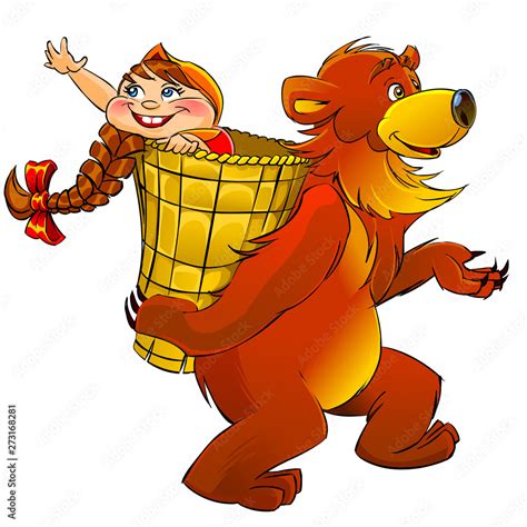 Funny bear carries a girl isolated on white backround. Illustration to the Russian folk tale ...