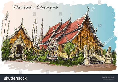 Sketch Thai Temple Chiangmai Wat Mahawan: vector de stock (libre de ...